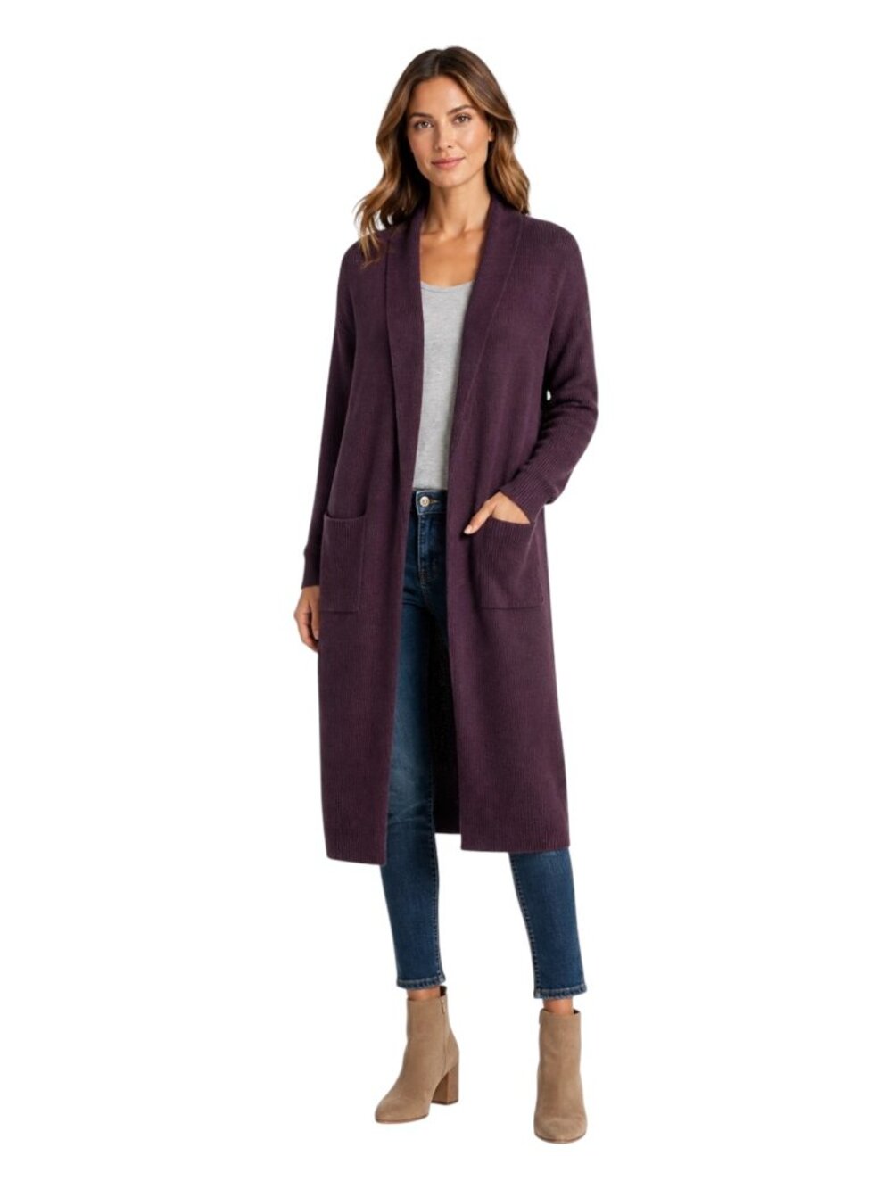 UGG Sweater Women Small Plum Purple‎ Wool Blend Ribbed Longline Duster Cardigan